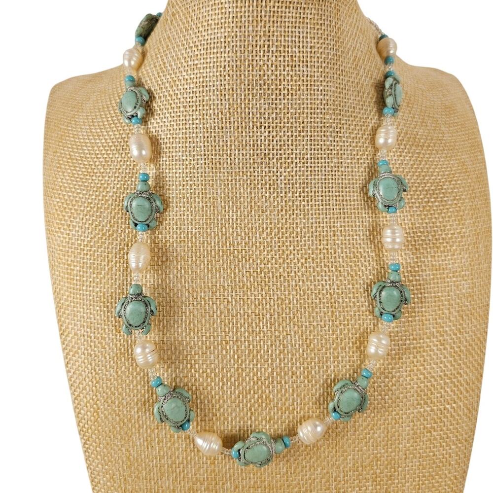 Turtle Bead Necklace Faux Pearl Turquoise Blue Beaded Magnetic Clasp 20"